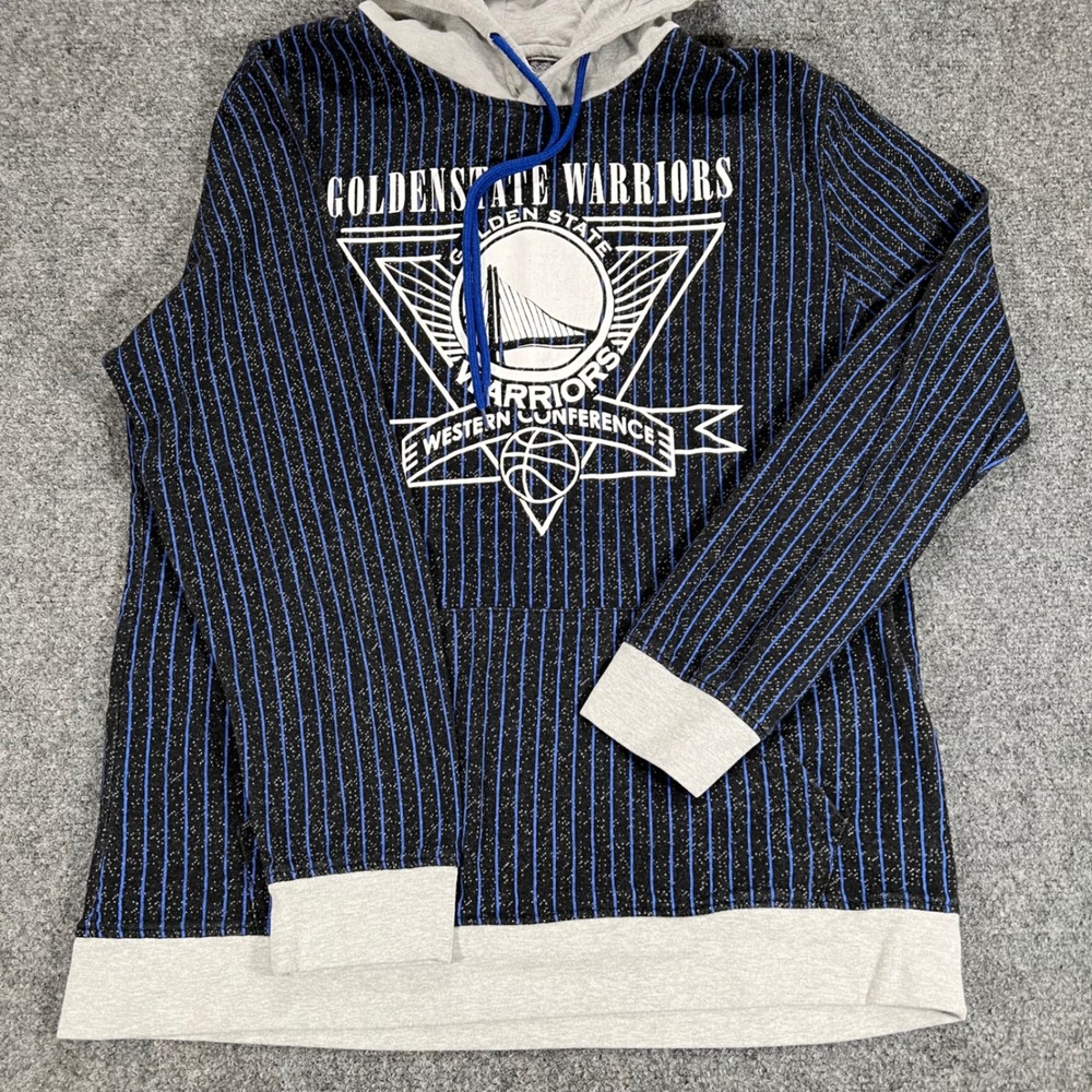 NBA Golden State Warriors Hoodie Mens XL Black Blue Pinstripe Pullover Graphic